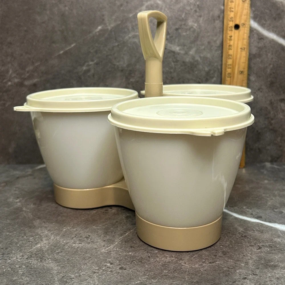 Vintage Tupperware Condiment Caddy 757-4 Almond White 3 Bowls Lids Handle Set